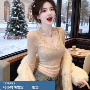 法式方领蕾丝拼接长袖针织衫女秋冬修身蝴蝶结毛衣内搭打底衫上衣