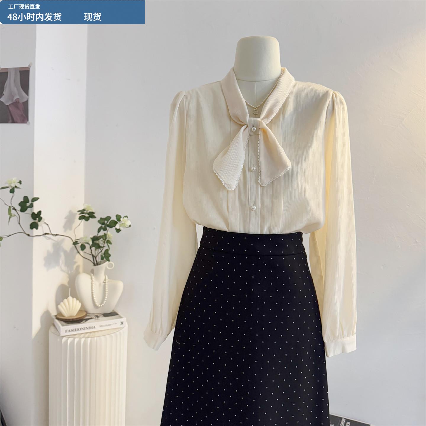 法式温柔风蝴蝶结长袖衬衫女2025秋季设计感减龄气质雪纺小衫上衣