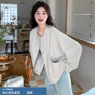 港味复古白色棒球服皮衣外套女春秋季短款小个子宽松休闲PU皮夹克