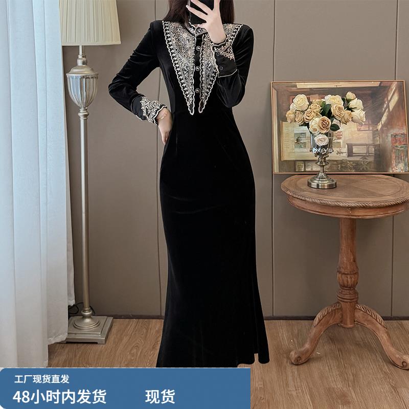 黑色包臀裙丝绒连衣裙女2026新款修身长款礼服高端轻奢高级感长裙