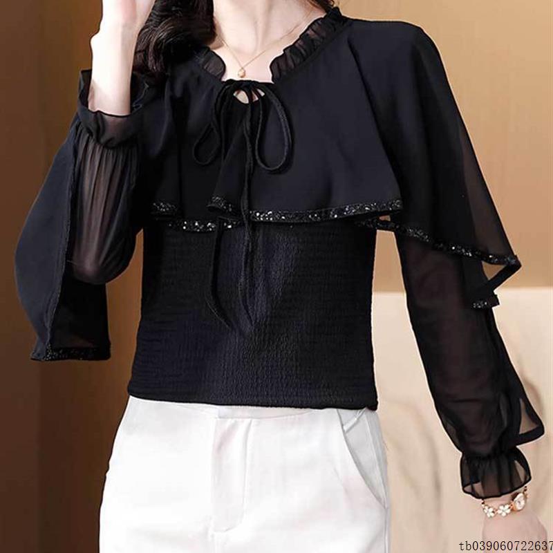 覆古斗篷式雪纺女士长袖衬衫秋季款式减少年龄的分层衬衫设计系带
