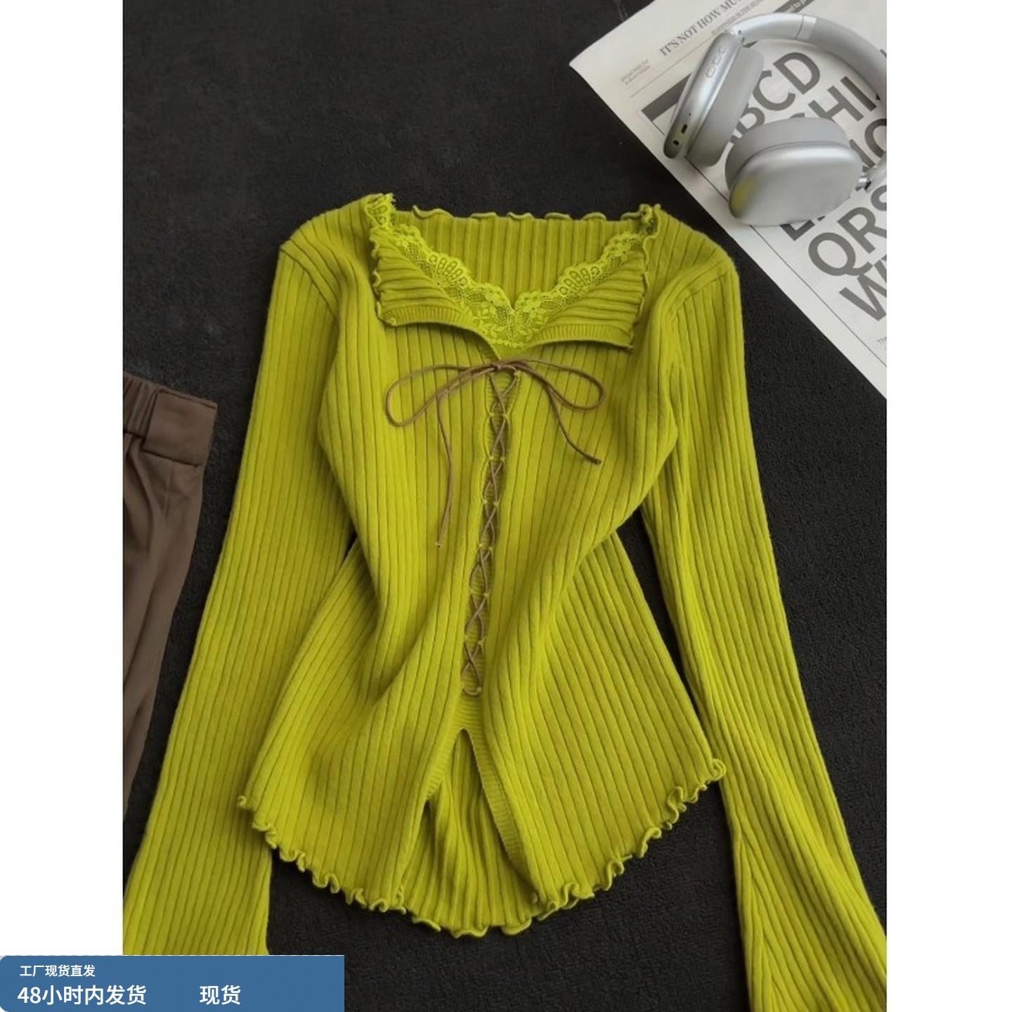 法式温柔风蝴蝶结蕾丝拼接针织衫女秋冬新款韩系复古绿色打底上衣