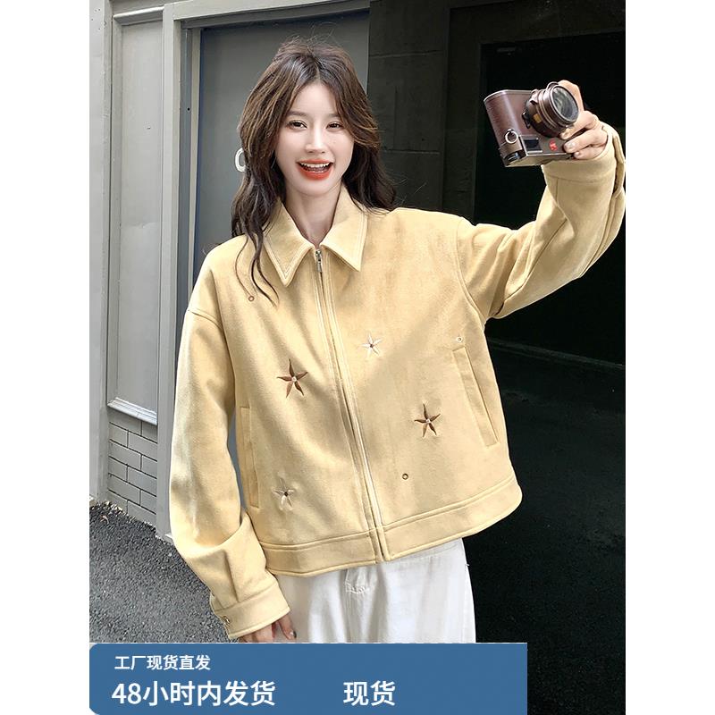 黄色刺绣麂皮绒外套女春秋季2025今年流行超好看韩系休闲减龄上衣