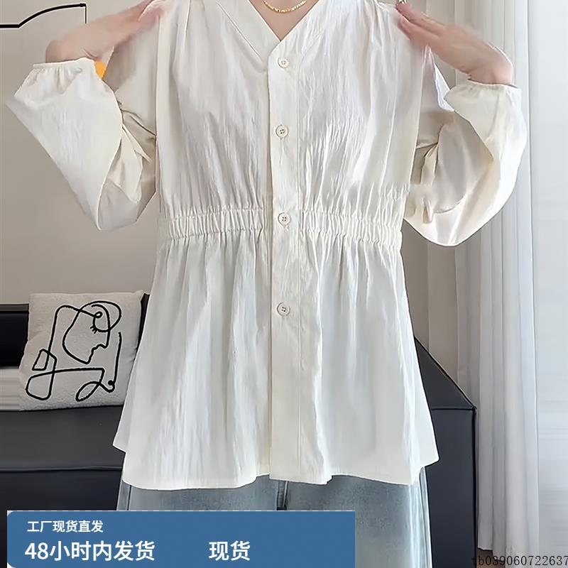 大码法式薄款衬衫女秋季设计感V领衬衣微胖mm显瘦收腰遮肚子上衣