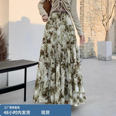 碎花百褶半身裙子女士装春秋冬季2025年新款小个子a字蛋糕中长裙