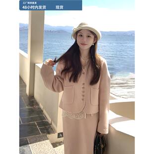 韩式高端双面毛料外衣冬季新款优雅毛料外衣短裙粉色女士两件套套