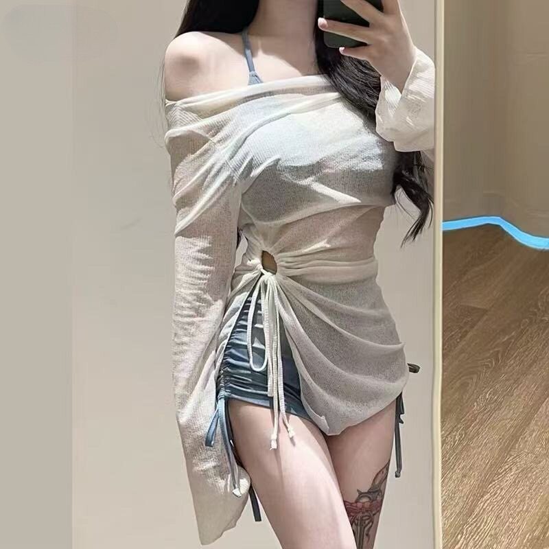 泳衣女款2025新款比基尼分体三件套长袖罩衫挂脖式性感纯欲风度假