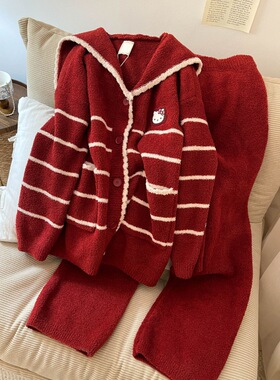 红色新年卡通可爱风半边绒睡衣女冬加绒海军领甜美圣诞家居服套装