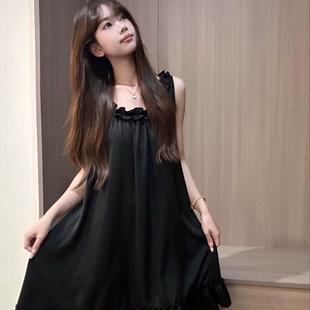 2025新款 高级感黑色花边吊带睡裙女夏季 复古连衣裙家居服甜美睡衣