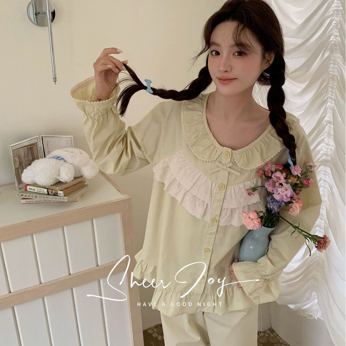 纯棉宽松可爱甜美长袖长裤花边蝴蝶结外出春款家居服套装烟雨甜梦