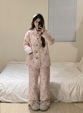 可爱卡通粉色夹棉睡衣女冬季2025新款加厚保暖大码长袖家居服套装