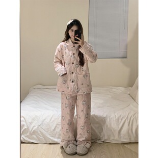 可爱卡通粉色夹棉睡衣女冬季2025新款加厚保暖大码长袖家居服套装