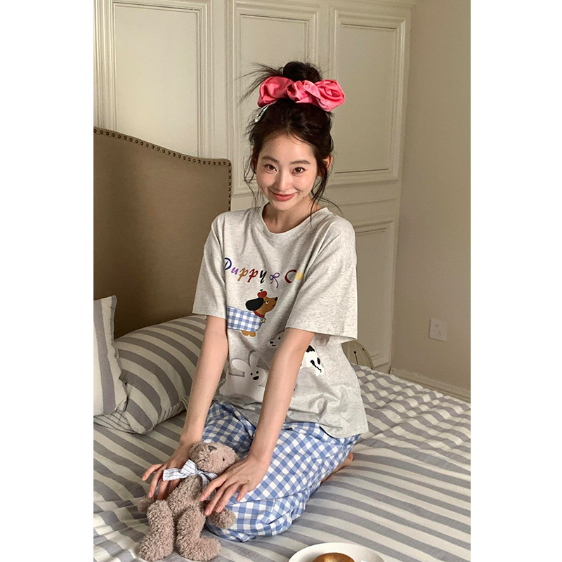 可爱腊肠狗印花短袖睡衣女款2025新款夏季家居服直筒格纹长裤