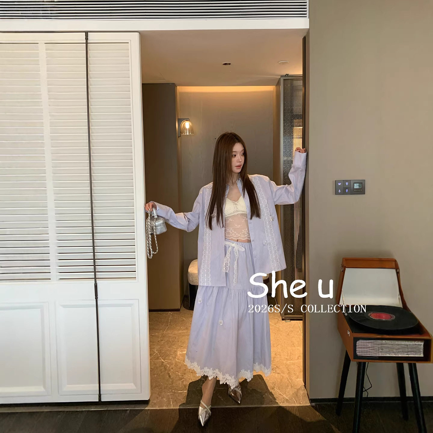 SHE U 韩系甜美风蕾丝拼接系带半身裙2026早春百搭设计感中裙子女