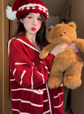 【现货】甜美少女圣诞红色半边绒睡衣女冬季加厚保暖家居服两件套