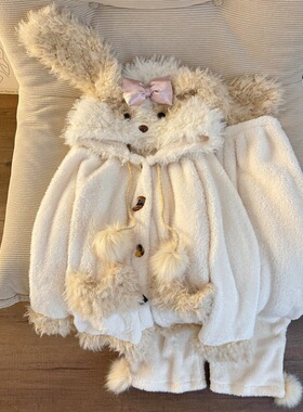 卡通可爱毛绒可爱小狗连帽珊瑚绒睡衣女秋冬软萌保暖加厚居家服