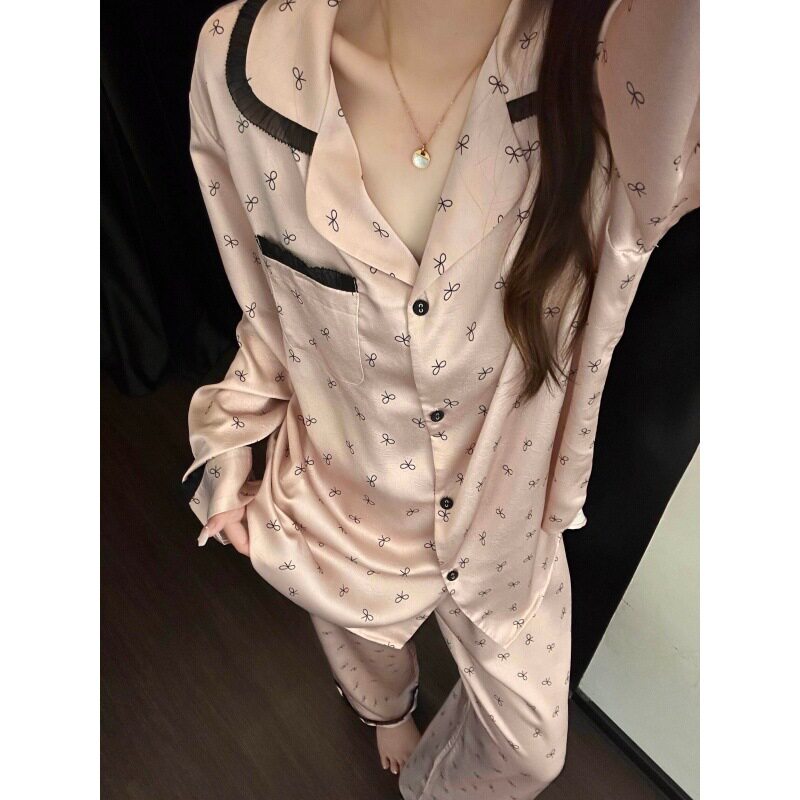 可爱蝴蝶结冰丝睡衣女款春秋新款大码蕾丝花边长袖长裤家居服套装