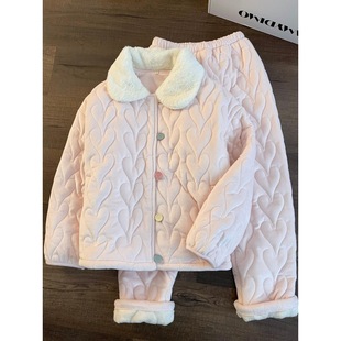 少女粉色三层夹棉睡衣女2026冬季新款加绒加厚保暖长袖家居服套装