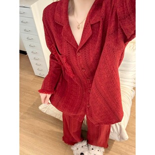 新年红针织蕾丝睡衣女款2026春季新款大码流苏边高级感家居服套装