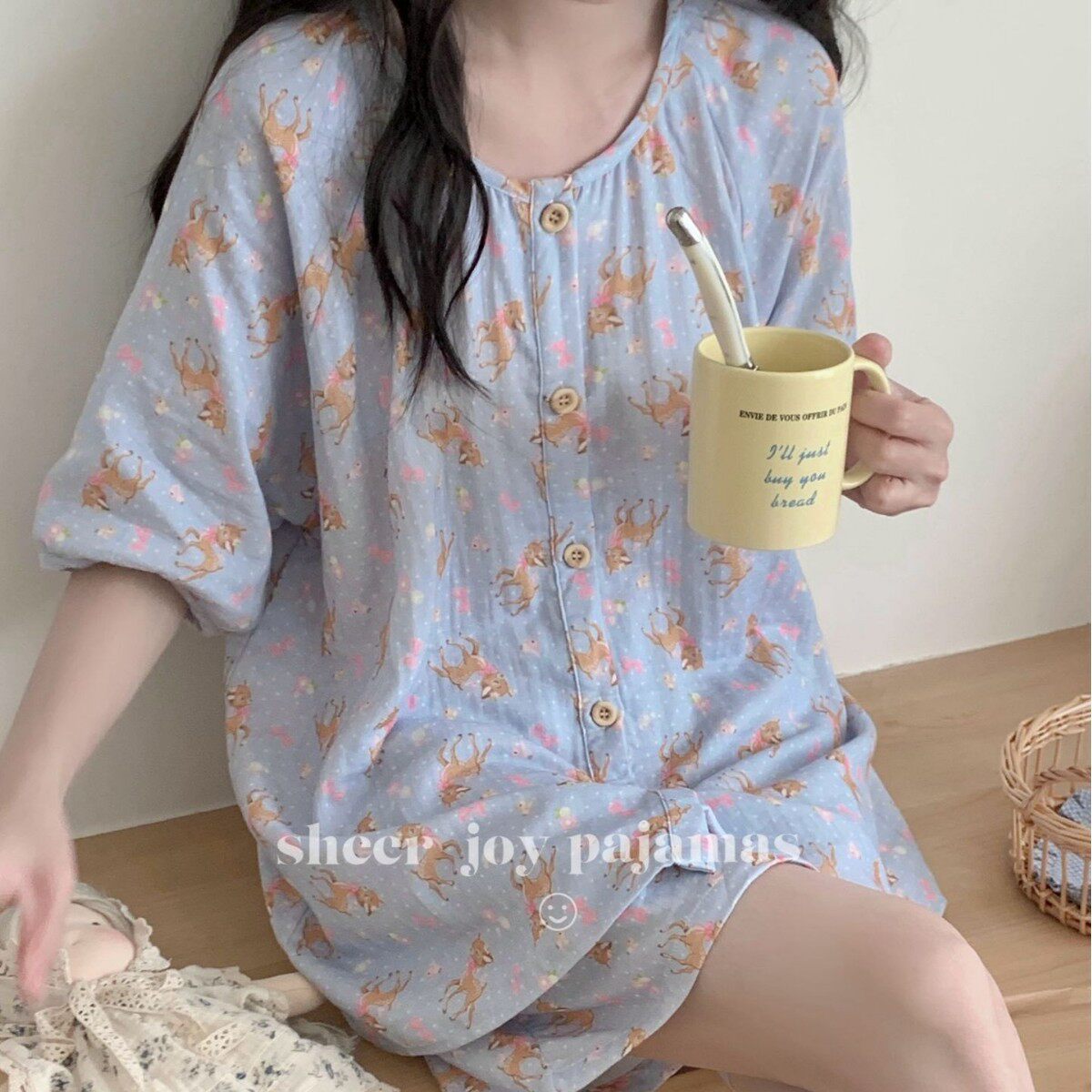 2026春夏季新款短袖数码印花纱布家居服女士圆领休闲睡衣蓝色小鹿