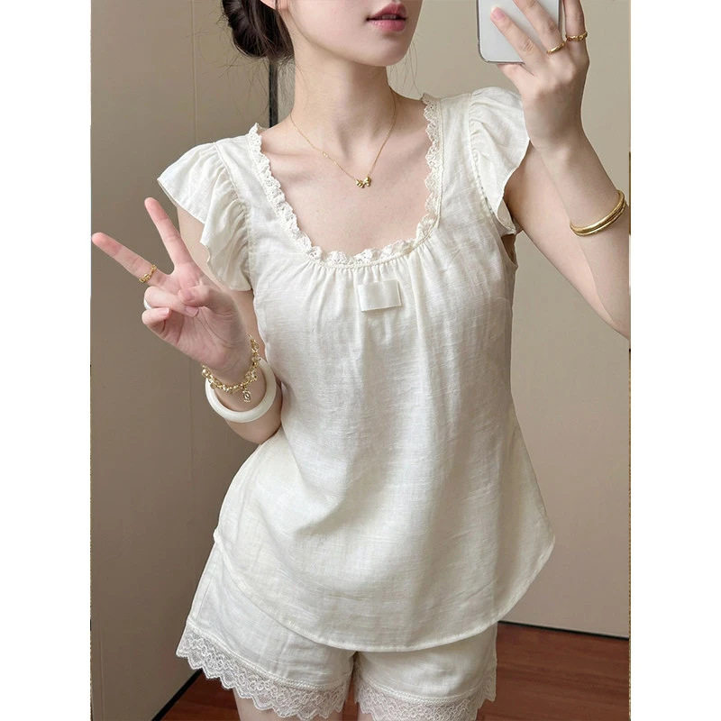 韩系甜美风小飞袖短袖棉麻睡衣女款夏季短裤套装柔软家居服可外穿