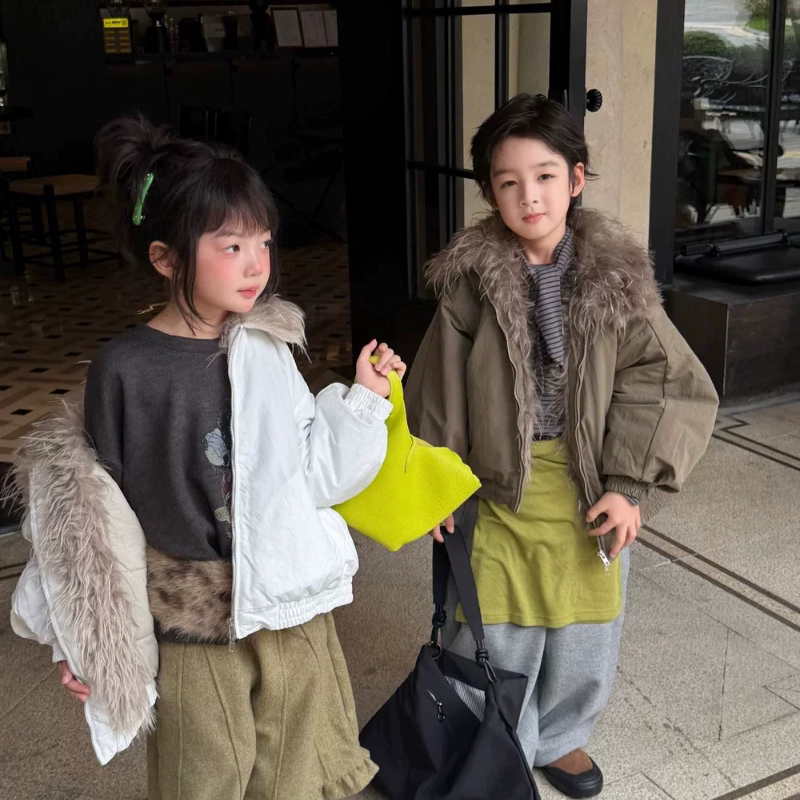 末小蒙童外套2026冬季男童女童韩版纯色毛毛棉服儿童加厚休闲夹克