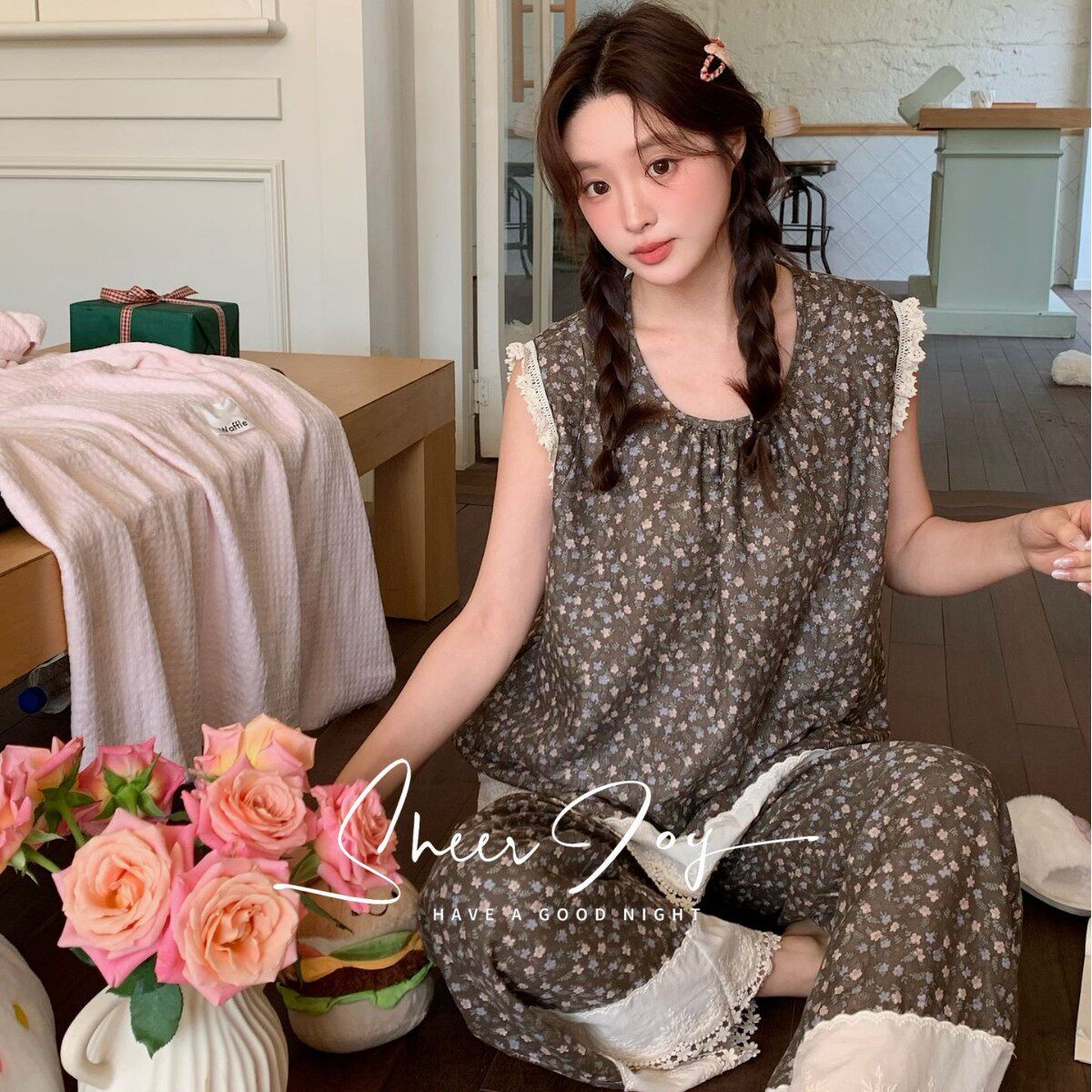 2026新款纱布圆领日系睡衣女长背心长裤甜美公主风家居服两件套装