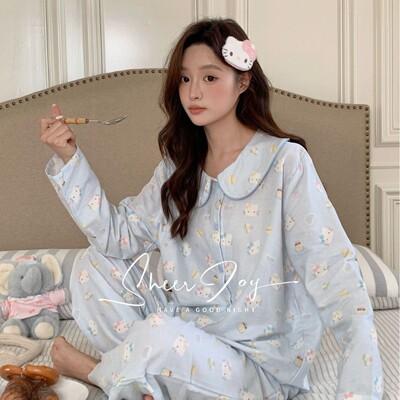 秋季新品甜美可爱ins风娃娃领亲子开衫有氧棉纱睡衣 纯棉居家服女