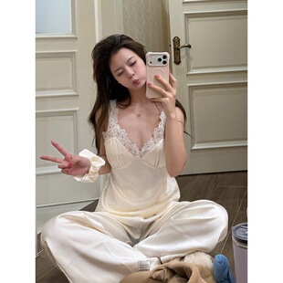 柔软亲肤舒适居家服两件套 新款 ins纯欲风蕾丝吊带睡衣套装 女春季