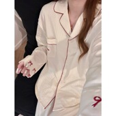 家居服套装 韩版 开衫 宽松长袖 温柔风撞色蝴蝶结刺绣睡衣女春秋新款