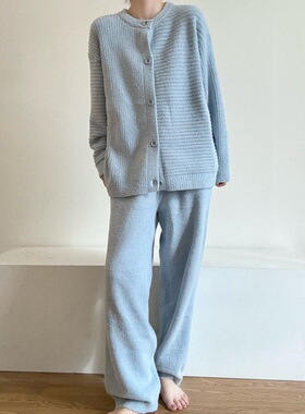 韩版高级感蓝色圆领半边绒睡衣女冬款加厚保暖针织毛绒家居服套装