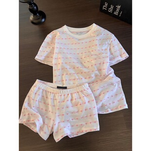 休闲短裤 大码 家居服两件套 睡衣女2026夏款 甜美温柔风爱心印花短袖