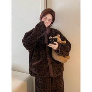 美式复古做旧豹纹珊瑚绒睡衣女款冬季新款大码加绒加厚家居服套装