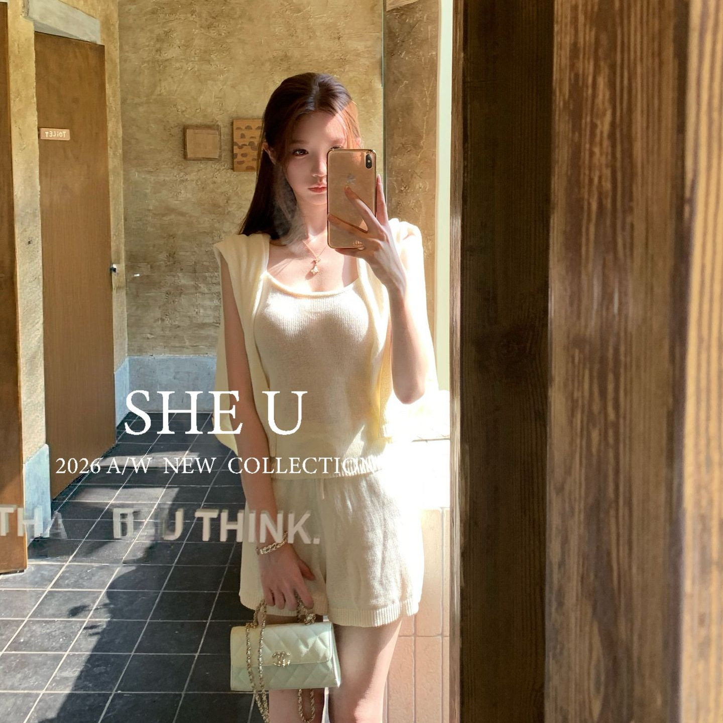 SHE U 少女韩系纯欲风Y字后背针织小衫2026秋款纯色工字打底背心