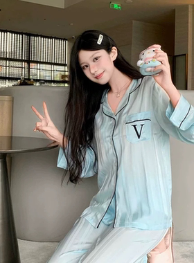 2025春秋季冰丝睡衣套装水蓝色条纹提花宽松舒适家居服女士月光稠