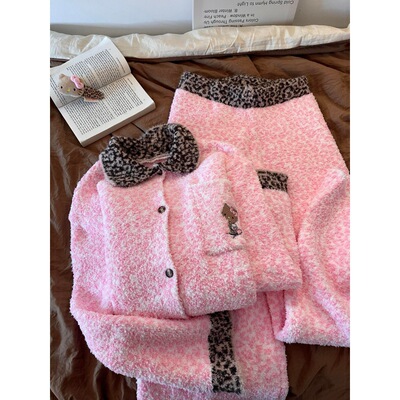 粉色豹纹kitty针织半边绒睡衣女2025冬季新款大码保暖家居服套装