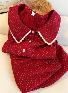 甜美新年红色碎花棉纱睡衣女2026春秋新款长袖长裤纯棉家居服套装