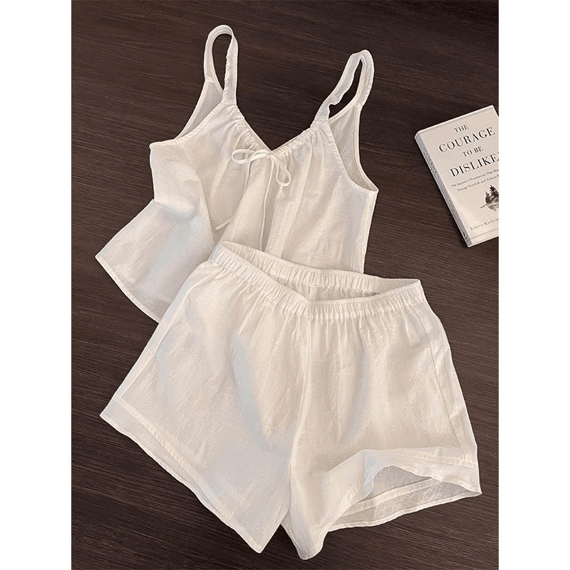 法式简约白色纯欲吊带睡衣女夏季新款宽松大码背心短裤家居服套装