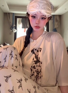 韩版可爱斑点狗印花睡衣女夏款宽松舒适短袖长裤家居服套装可外穿
