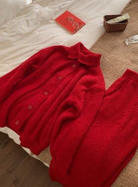 喜庆新年红色软糯半边绒开衫睡衣女款冬季加绒加厚保暖家居服套装