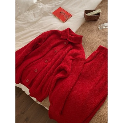 喜庆新年红色软糯半边绒开衫睡衣女款冬季加绒加厚保暖家居服套装