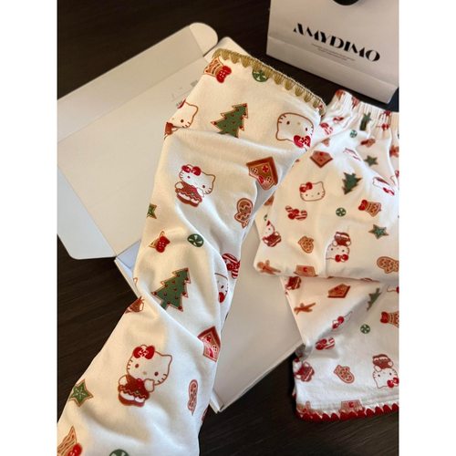 卡通可爱小猫印花德绒睡衣女款秋季新款大码宽松家居服套装可外穿