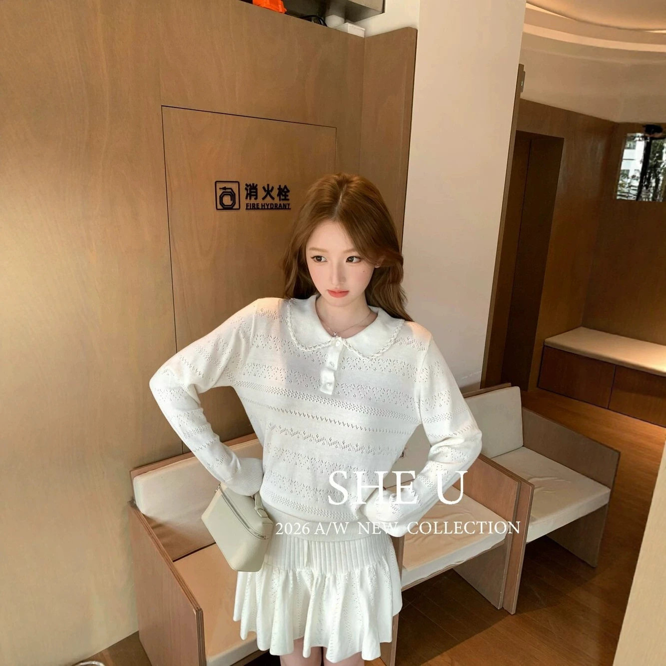 SHE U 少女休闲纯色Polo领针织衫2026早秋季新款长袖百搭甜美上衣
