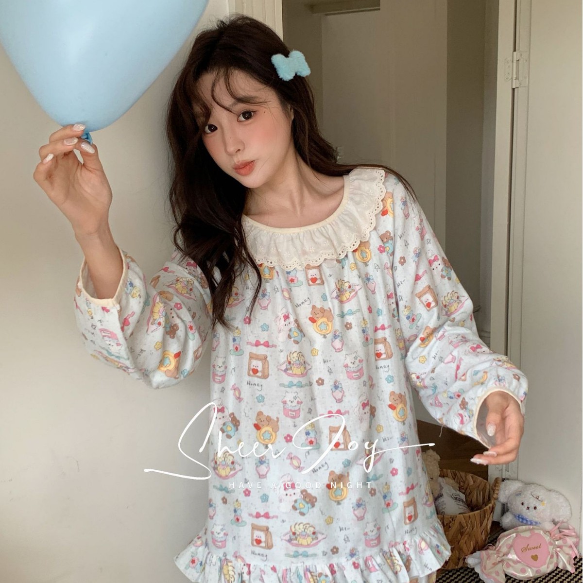 秋冬新款全棉双层纱柔软花边碎花女士家居服长袖长裤星语星愿绿