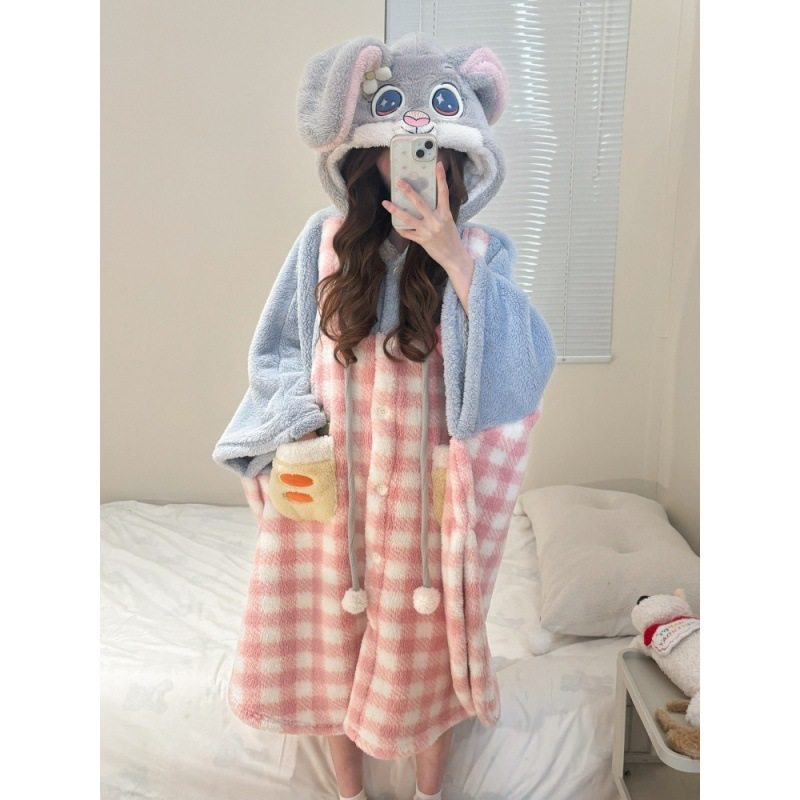 可爱卡通珊瑚绒连帽睡裙女2025冬季新款加绒加厚家居服睡袍可外穿