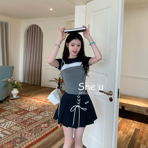 SHE U 少女韩系学院风绑带高腰百褶裙2026夏季新款显瘦百搭A字裙