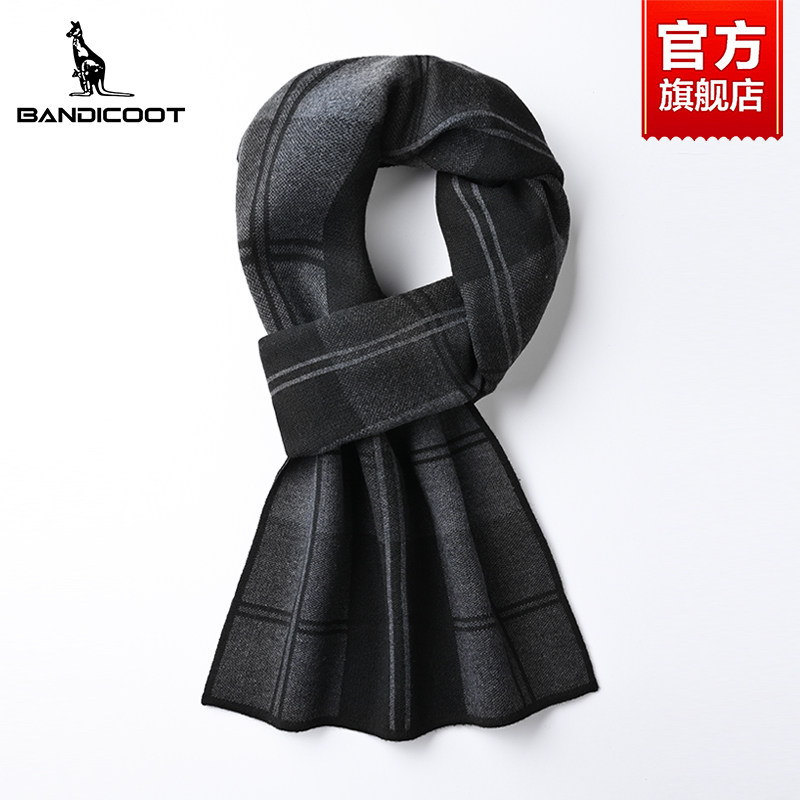袋鼠男士围巾冬季2025新款含羊毛保暖格子围脖送男友生日礼物礼盒