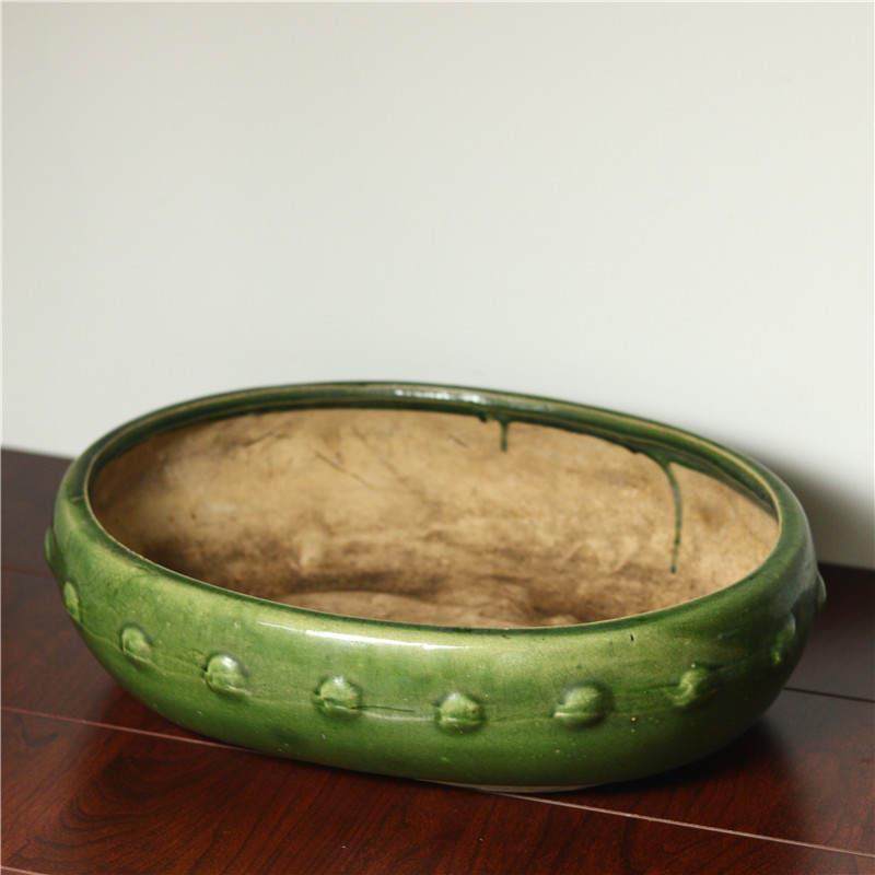 建国后期绿釉鼓钉纹老花盆榕树盆花几花架案头盆栽摆件