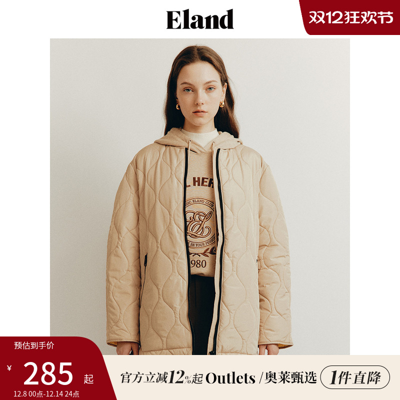 【Eland奥莱】衣恋棉服女春季宽松圆领时尚波浪纹上衣外套女冬季