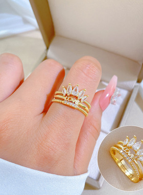 【真金】love皇冠满钻戒指开口可调节款简约手饰日系指环情侣对戒